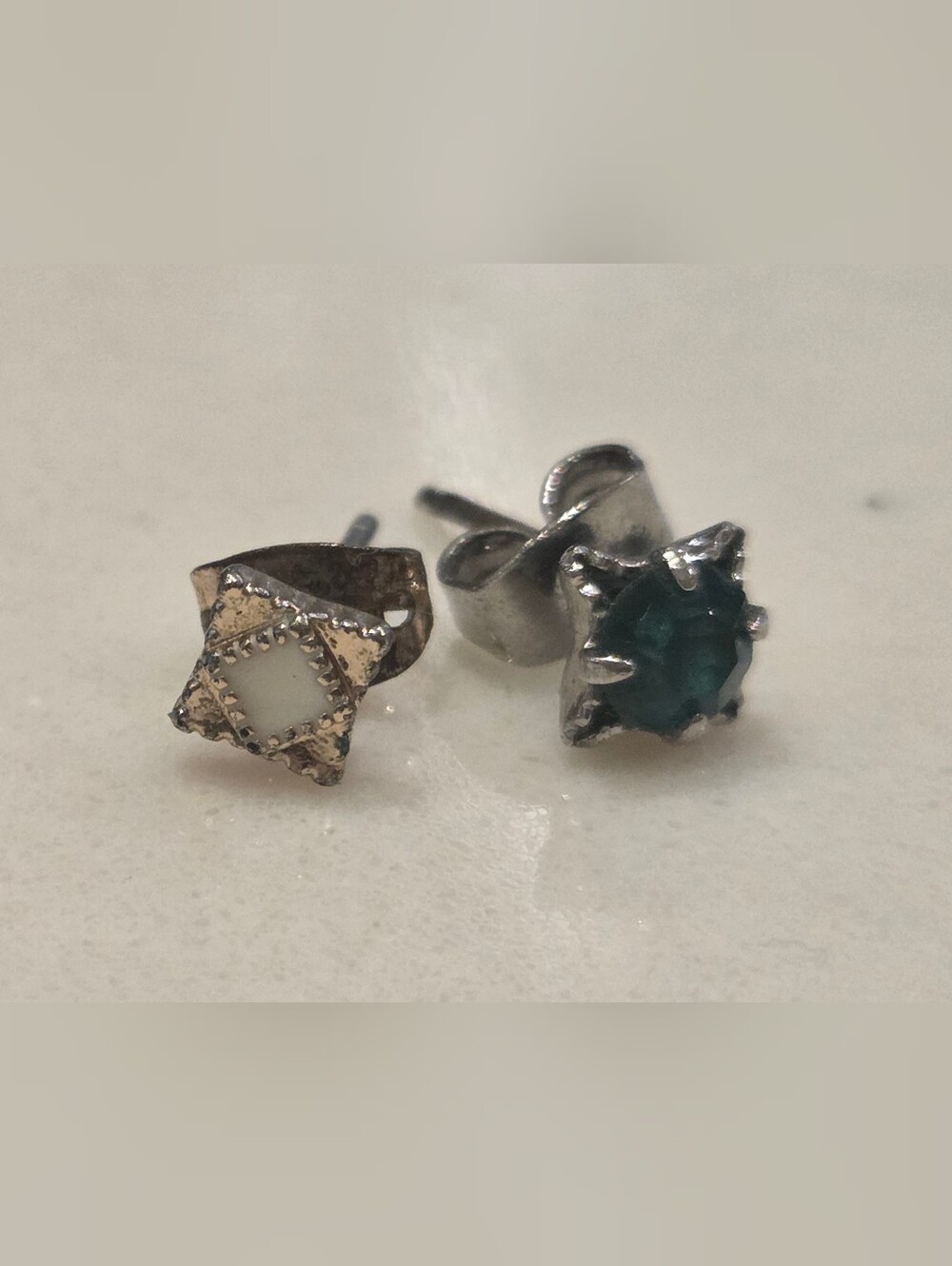 Sterling Silver Star Stud Earrings with Green Stone